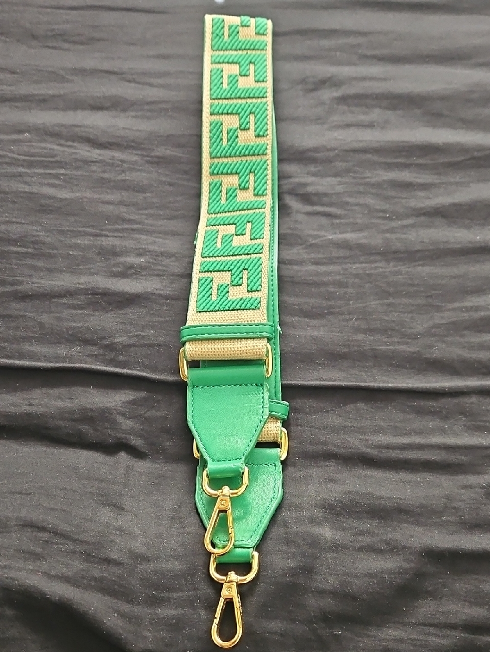 Fendi Green and Beige Webbing Logo Strap with Gold Hardware